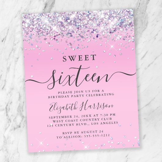 Budget Glitter Sweet 16 Birthday Party Invitation