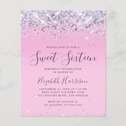 Budget Glitter Sweet 16 Birthday Party Invitation (Voorkant)