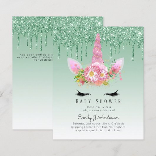 BUDGET Glitter Unicorn Baby Girl Shower Invitation (Voorkant / Achterkant)