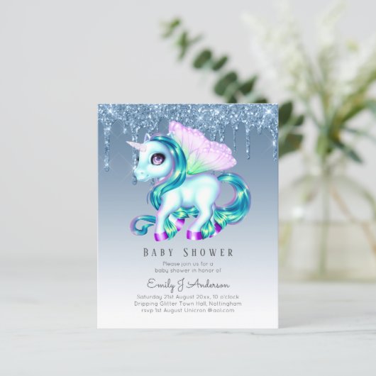 BUDGET Glitter Unicorn Baby Girl Shower Invitation (Staand voorkant)