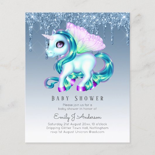 BUDGET Glitter Unicorn Baby Girl Shower Invitation (Voorkant)