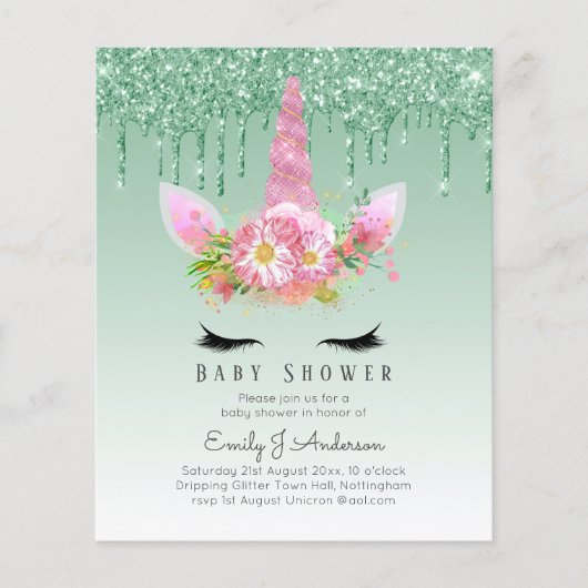 BUDGET Glitter Unicorn Baby Girl Shower Invitation Flyer (Voorkant)