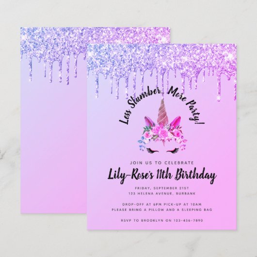 Budget Glitter Unicorn Slumber Party Uitnodiging (Voorkant / Achterkant)