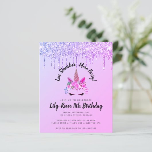 Budget Glitter Unicorn Slumber Party Uitnodiging (Staand voorkant)