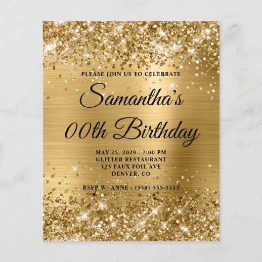 Budget Glitterige Gouden Monogram Verjaardagsuitno (Voorkant)