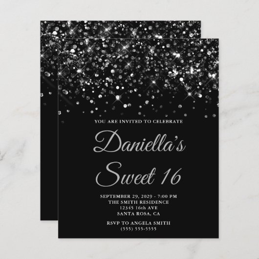Budget Glitterij Zwart Sweet 16 Uitnodigen (Voorkant / Achterkant)