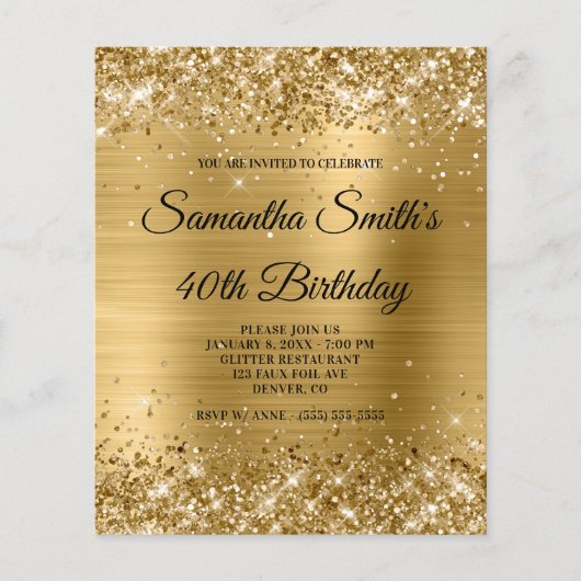Budget Glittery Gold Foil 40th Birthday Invitation (Voorkant)
