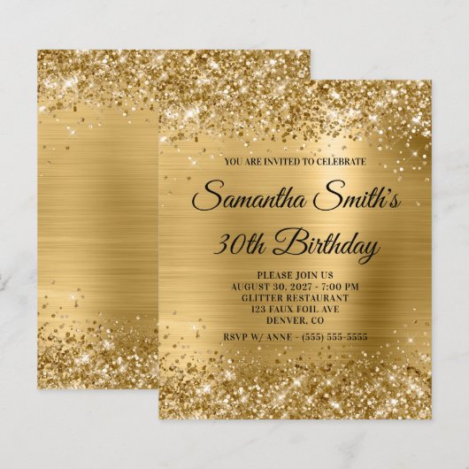 Budget Glittery Gold Glam Birthday Invite (Voorkant / Achterkant)