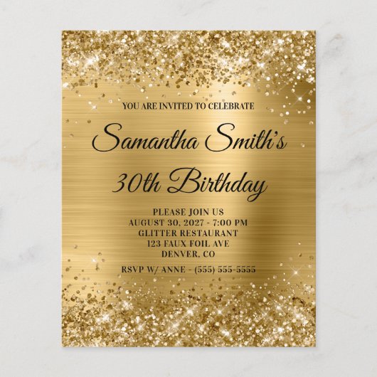 Budget Glittery Gold Glam Birthday Invite (Voorkant)