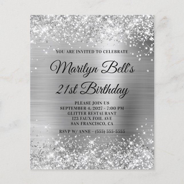 Budget Glittery Silver 21st Birthday Invite (Voorkant)