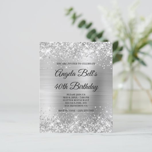 Budget Glittery Silver Girly Glam Uitnodiging (Staand voorkant)