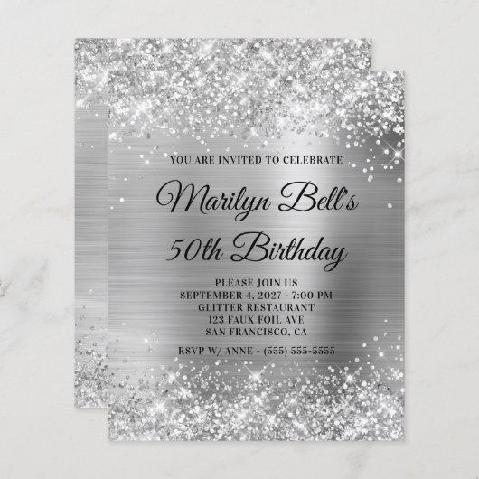Budget Glittery Silver - uitnodiging voor 50e verj (Voorkant / Achterkant)