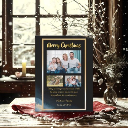 Budget Gold Black Christmas  3 Photo Holiday Card Feestdagenkaart