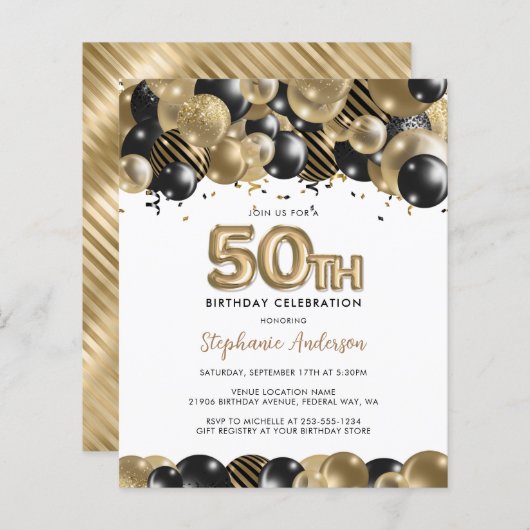 Budget Gold Black Glitter 50th Birthday Invitation (Voorkant / Achterkant)