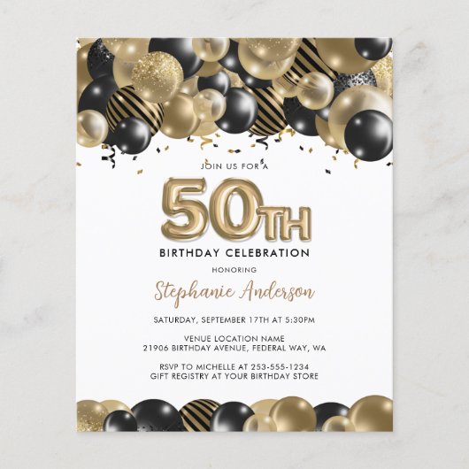 Budget Gold Black Glitter 50th Birthday Invitation (Voorkant)