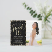 Budget Gold Black Glitter Photo Sweet 16 Invite (Staand voorkant)