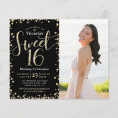 Budget Gold Black Glitter Photo Sweet 16 Invite (Voorkant)