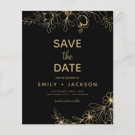 Budget Gold Black Modern Sparen de Datum Floral An Flyer (Voorkant)