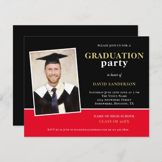Budget Gold Black Red Photo Afstudeerder Party Inv (Voorkant / Achterkant)