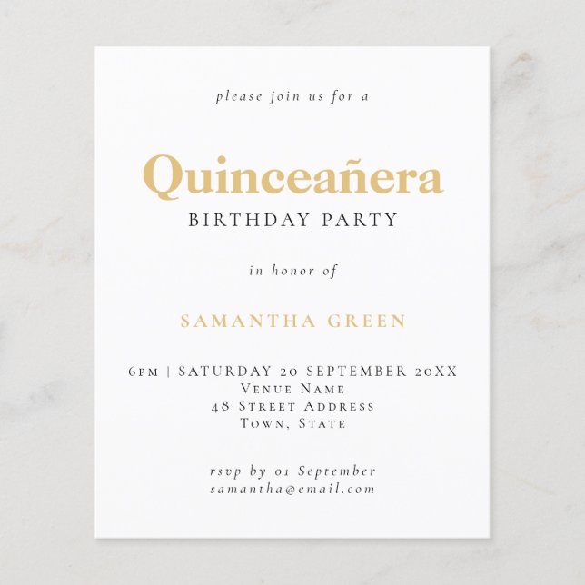 Budget Gold Black Text Quinceañera Birthday Invite (Voorkant)