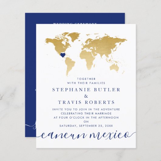 Budget Gold Blue Map Destination Wedding Invite (Voorkant / Achterkant)