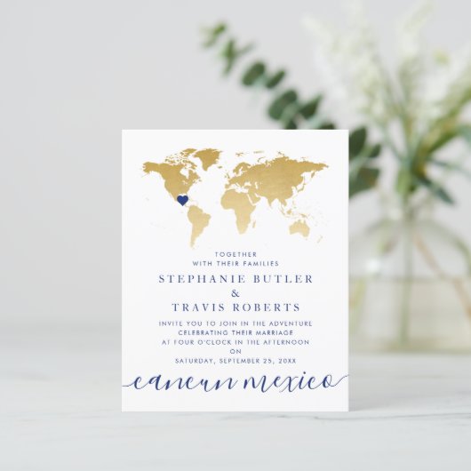 Budget Gold Blue Map Destination Wedding Invite (Staand voorkant)