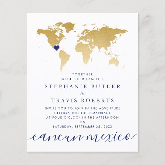 Budget Gold Blue Map Destination Wedding Invite (Voorkant)