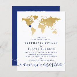 Budget Gold Blue Map Destination Wedding Invite