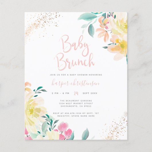 Budget Gold Blush Pink Floral Baby shower Brunch (Voorkant)