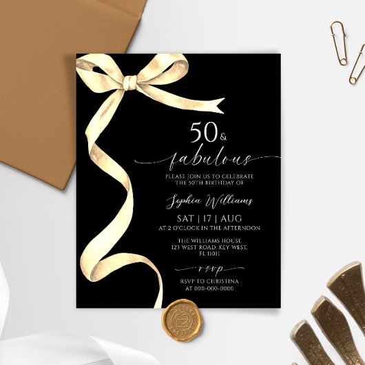 Budget Gold Bow 50 & Fabulous Verjaardag Uitnodigi