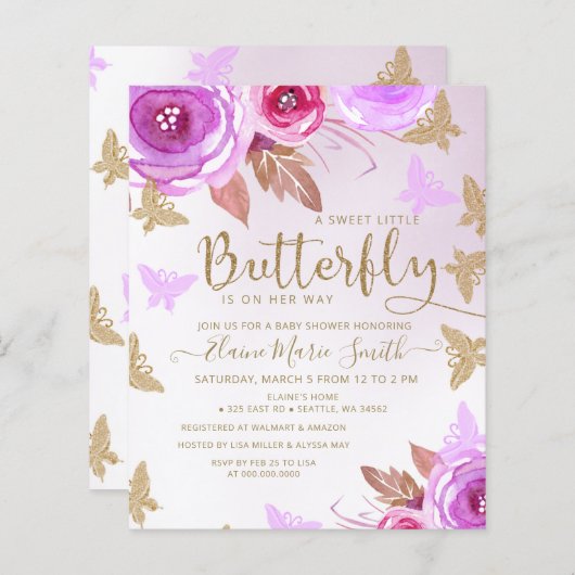 Budget Gold Butterflies Baby shower Invitation (Voorkant / Achterkant)