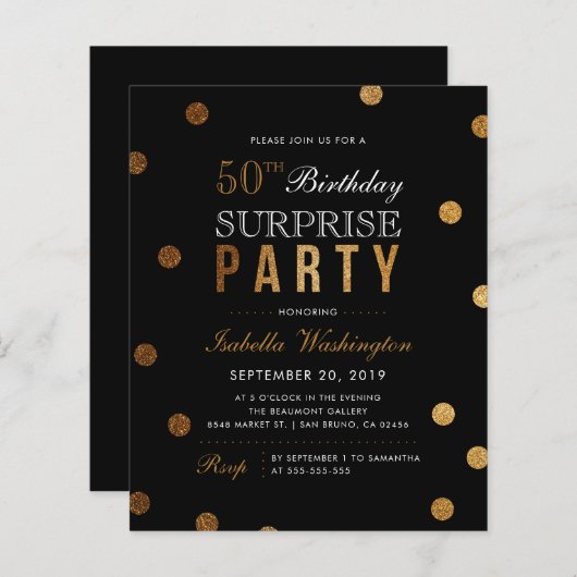 Budget Gold Confetti Black Surprise Birthday Party (Voorkant / Achterkant)