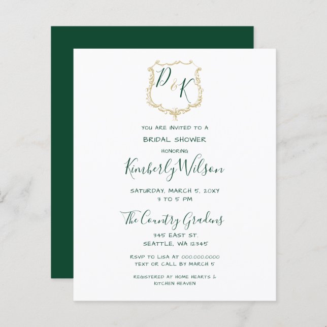Budget Gold Crest Green Bridal Shower Uitnodiging (Voorkant / Achterkant)