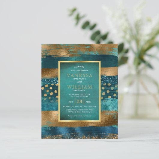 BUDGET Gold en blauwgroen strokes bruiloft uitnodi (Staand voorkant)