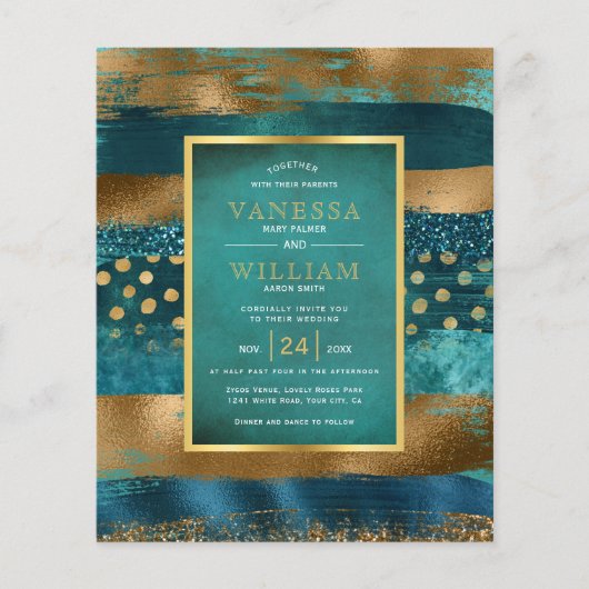 BUDGET Gold en blauwgroen strokes bruiloft uitnodi (Voorkant)