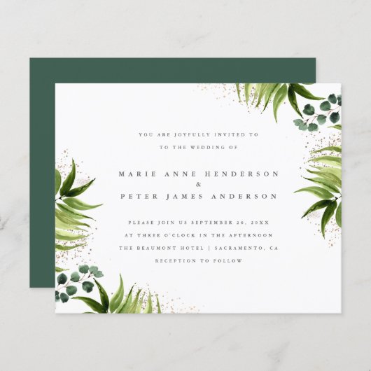 Budget Gold en Tropische Greenery Botanical Weddin (Voorkant / Achterkant)