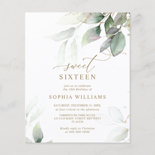 Budget Gold & Eucalyptus Sweet 16 Verjaardag Uitno (Voorkant)