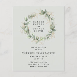 Budget Gold Eucalyptus WreatGreen Glass Wedding Flyer