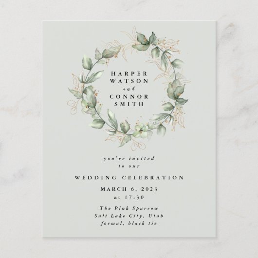 Budget Gold Eucalyptus WreatGreen Glass Wedding Flyer (Voorkant)