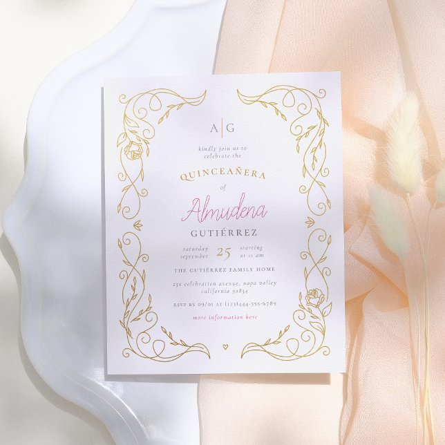 Budget Gold Floral Lijst Elegant Quinceañera Foto (Creator heeft geüpload)