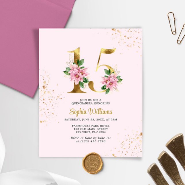 Budget Gold Floral Quinceañera Uitnodiging (Creator heeft geüpload)