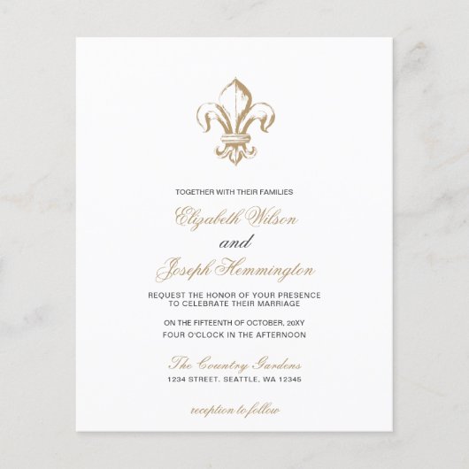 Budget Gold French Fleur de Lis Wedding Invitation (Voorkant)