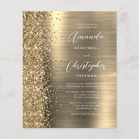 Budget Gold Glam Glitter Wedding Invitation (Voorkant)