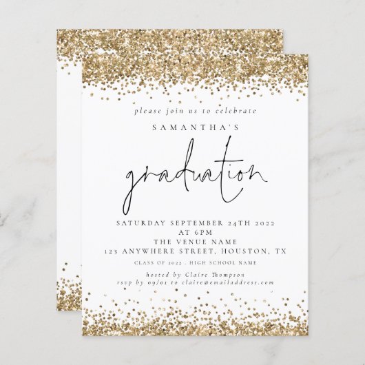 Budget Gold Glitter 2024 Afstuderen White Invite (Voorkant / Achterkant)