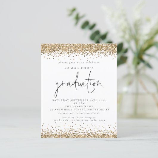 Budget Gold Glitter 2024 Afstuderen White Invite (Staand voorkant)