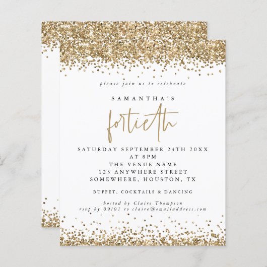 Budget Gold Glitter 40th Party Uitnodiging (Voorkant / Achterkant)