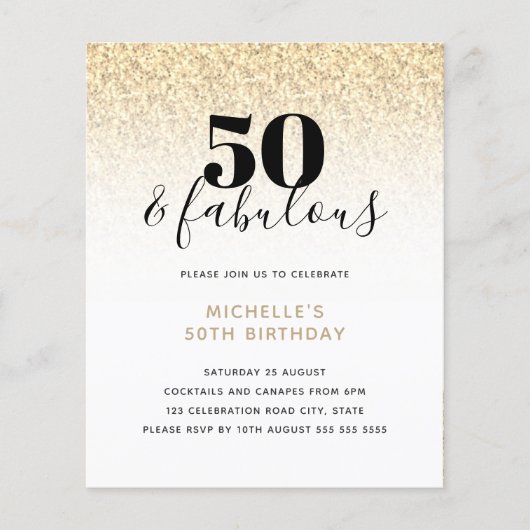 Budget Gold Glitter 50 & Fabulous Birthday Invite (Voorkant)