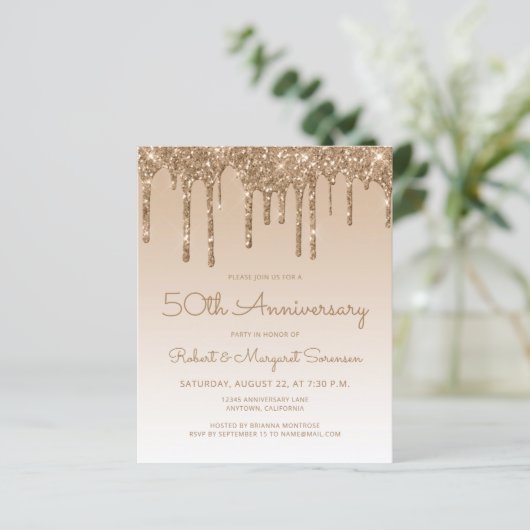 Budget Gold Glitter 50e Jubileum Invitation (Staand voorkant)
