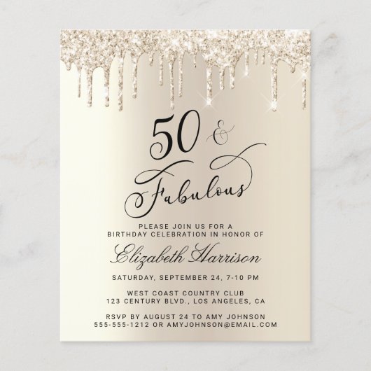 Budget Gold Glitter 50th Birthday Invitation (Voorkant)