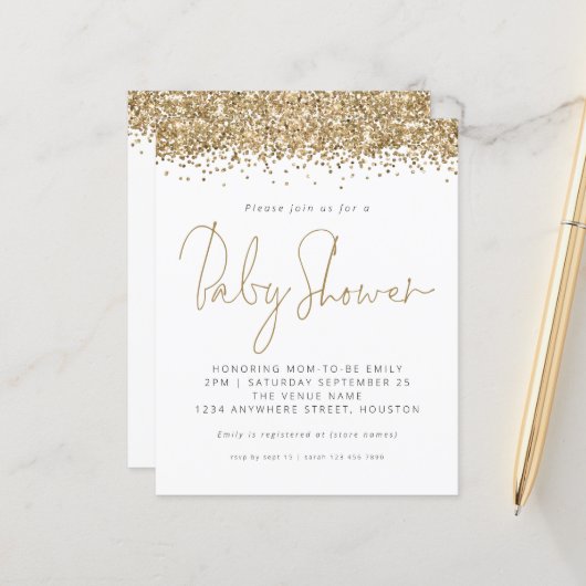 Budget Gold Glitter Baby shower Invitation (Voorkant / Achterkant in situ)